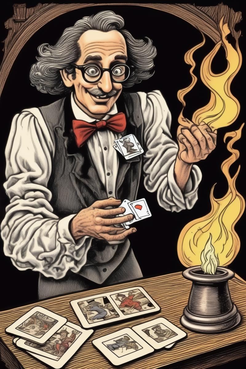 00490-1284090111-_lora_Robert Crumb Style_1_Robert Crumb Style - Robert Crumb style cartoon drawing storyboard of a classic magician doing magic.png